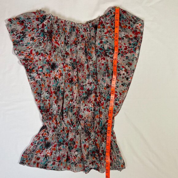 Abstract Floral Print Blouse Size M Short Batwing Sleeves Sheer Multi Color - Picture 10 of 12